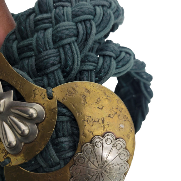 Baer SF Braided Belt Green Waxed Embellished Mixed Metals Discs Artsy Handmade - Picture 13 of 16